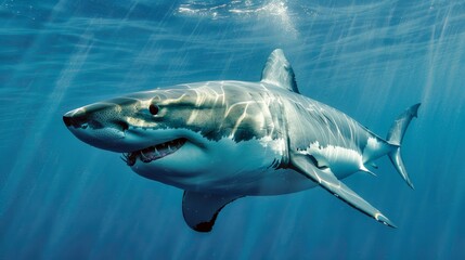 Fototapeta premium Great white shark swimming underwater, showcasing its powerful body and sharp teeth in a clear blue ocean.