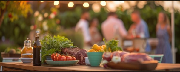 Outdoor summer barbecue with fresh vegetables, herbs, and meats laid out on a table, with people socializing in the background.