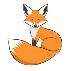 Obraz premium Transperant, Create a flat colored image of a playful and cute fox, with its bushy tail curled around its body, isolated on a white background, and outlined with a thin black line