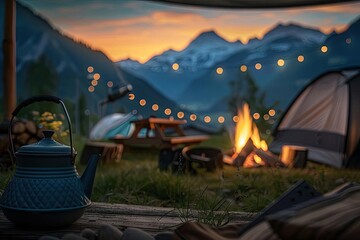 Scenic camping site with tents, campfire, and string lights against a mountain backdrop at sunset for a relaxed outdoor adventure.