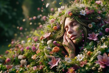 woman is covered in flowers and is sleeping