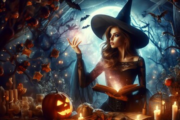 woman in a witch costume is holding a book and casting a spell