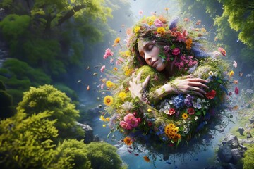 woman is surrounded by flowers
