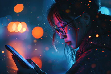 Fototapeta premium Sad young woman using smartphone at night in a city.