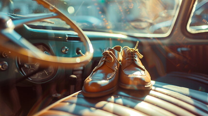 close of brown shoes in car vehicle casual sneakers comfort journey relaxation adventure with blured background - Powered by Adobe