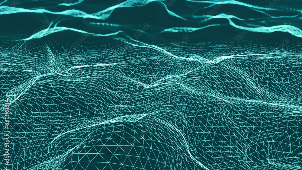 Poster cyberspace with hills and grid. animation. 3d space with cyber relief from grid. disappearing grid o