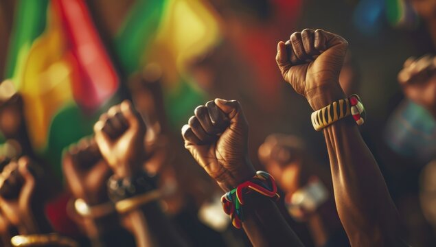 Juneteenth Freedom Day Celebration. African American people raised fists in the air. Juneteenth and african liberation day. 
