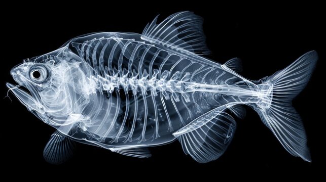 A piranha fish skeleton starkly revealed in X-ray style amidst darkness