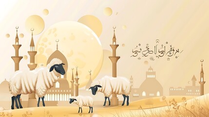 Naklejka premium greeting, moon, sacrifice, celebration, design, vector, aid, arab, arabic, festival, islamic, muslim, poster, sheep, art, eid, happy, text, al, card, holiday, background, arabian, invitation, islam, o