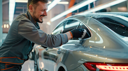Professional washer in grey uniform washing luxury car with microfiber in Car Wash Services, Detailing. Manual car wash. A man cleaning and polishes grey car with microfiber cloth, car detailing