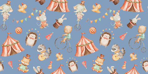 Seamless pattern with watercolor circus cute animals on blue background. Hand drawn repeat backdrop for nursery, kids and baby textile or fabric.
