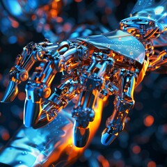 Molten metal forming a robotic arm, Sci-Fi, Blue and orange hues, 3D rendering, Detailed