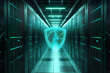 data center server room overlay with glowing shield
