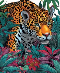 Obraz premium Vibrant Illustrated Jaguar Prowling Through Dense Jungle