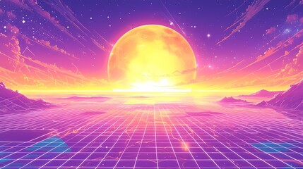 Digital technology futuristic grid sun and moon poster background