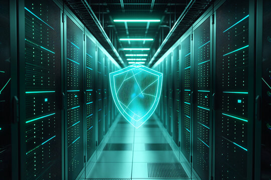 data center server room overlay with glowing shield