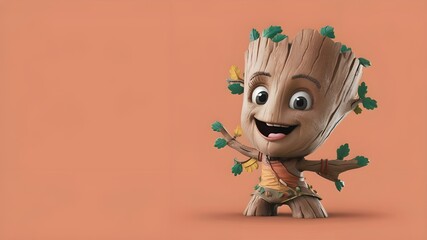 A 3D cute of a tree character with a big smile.