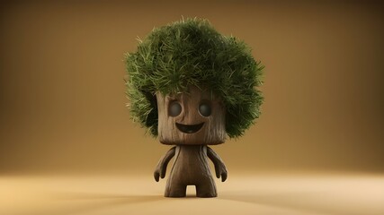 A 3D cute of a tree character with a big smile.