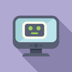 Cartoon of a cheerful robot avatar displayed on a computer monitor with a purple background