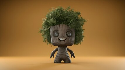 A 3D cute of a tree character with a big smile.