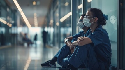 Nurses Resting in Hospital Hallway