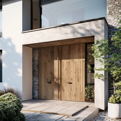 Modern front entry showcasing a minimalist wooden door, enhancing the contemporary aesthetic of the house's facade
