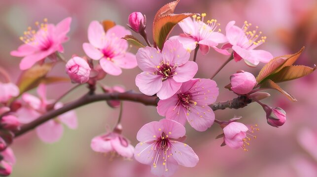 Spring blossoms Tree branch with beautiful fresh pink flowers in full bloom close up Blooming sakura Floral background : Generative AI