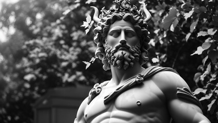 A black and white marble statue of a muscular man with a beard and wreath of leaves on his head.

