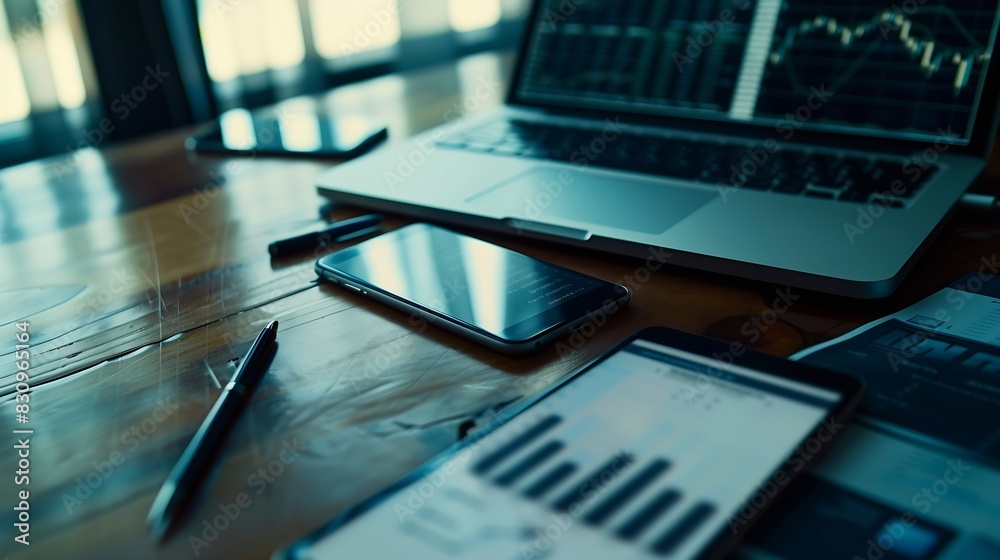 Aufkleber business documents  with smart phone and laptop computer and graph financial with social network diagram : Generative AI