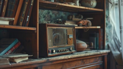 A radio sits on a shelf next to a vase and a book