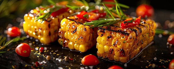 Close-up of grilled corn on the cob garnished with herbs and chili peppers, presented on a dark surface with cherry tomatoes.