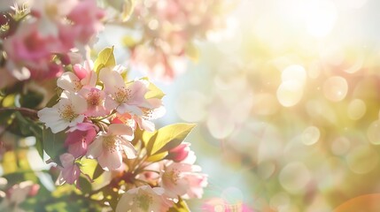 Fototapeta premium Spring border or background art with pink blossom Beautiful nature scene with blooming tree and sun flare Easter Sunny day Spring flowers Beautiful Orchard Abstract blurred background : Generative AI