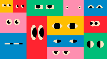 Various colorful rectangles with Eyes. Geometric figures with face emotions. Different shapes. Hand drawn trendy Vector illustration. Cute funny characters