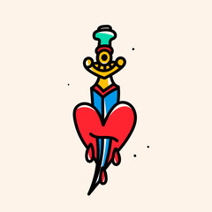 Bleeding heart and dagger. Tattoo flash. Hand drawn modern Vector illustration. Traditional tattoo style. Colorful bright icon. Isolated design element. Logo, print, sticker, tattoo, design template
