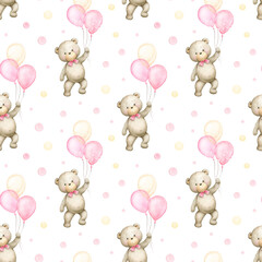 Teddy bear with pink balloons. Watercolor hand painted seamless pattern for baby.