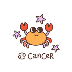 Retro groovy Cancer, zodiac sign. Crab animal in astrology, horoscope symbol. The Water element, esoteric celestial constellation. Cartoon character with stars. Isolated vector illustration