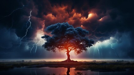 A solitary tree stands against a dramatic stormy sky with lightning, casting a fiery glow, reflected in the still water below.