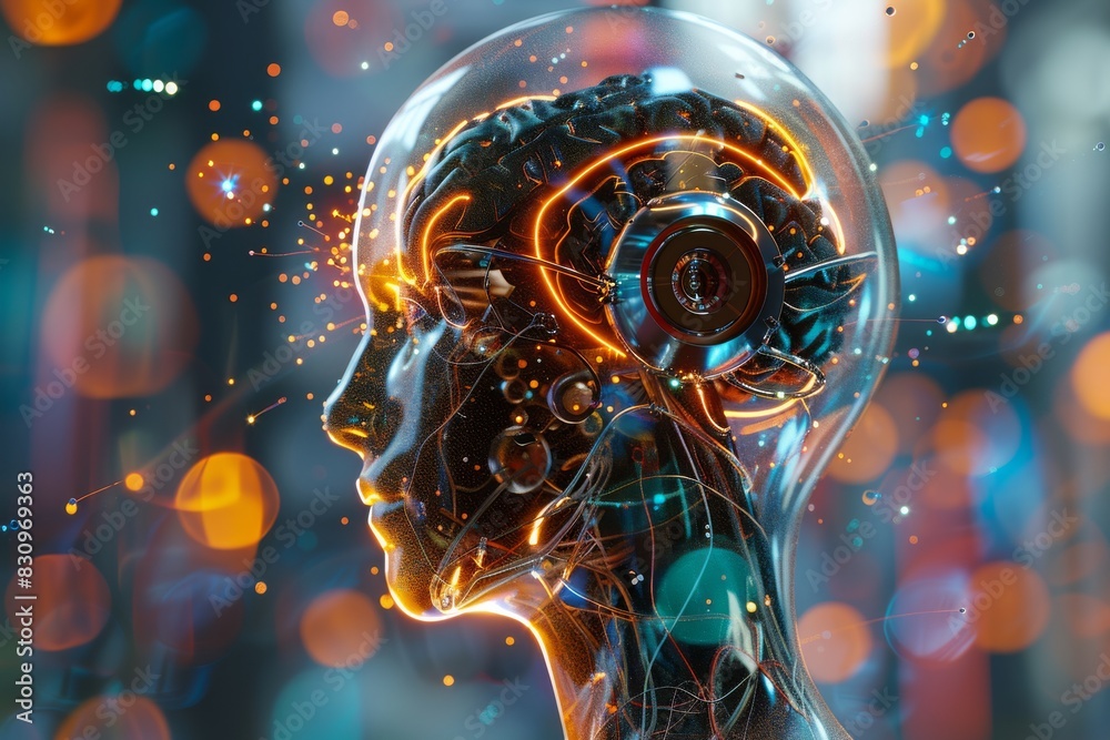 Poster a 3d rendered depiction of an ai or robot with neural networks glowing, symbolizing advanced technol