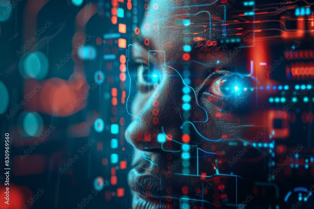 Poster a composite image blending a human figure with digital graphics representing connectivity and data f