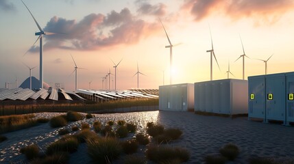 modern battery energy storage system with wind turbines and solar panel power plants in background at sunset : Generative AI