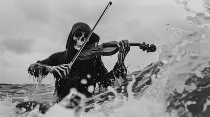 Ghost skeleton wearing a robe Violin color in the sea