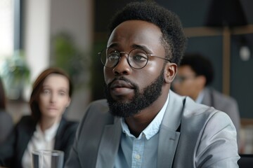 Fototapeta premium A professional man lost in thought at a business meeting, showing concentration and seriousness