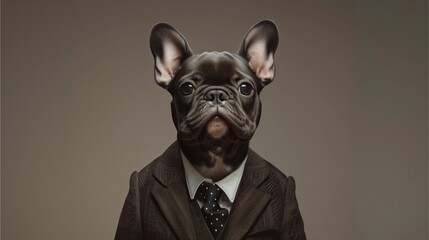 A charming portrait featuring a French bulldog and two gentlemen, one in a sharp suit and the other in a more casual attire, with hints of humor and sophistication