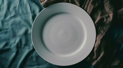 Top view on colored background empty round white plate on tablecloth for food Empty dish on napkin with space for your design : Generative AI