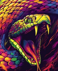 Vibrant Multicolored Snake Exhibits Open Fangs in Abstract Digital Art