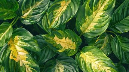 A close up of a leafy plant with yellow and green stripes