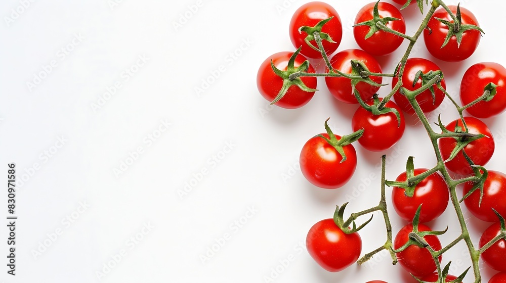 Poster branch of fresh cherry tomatoes isolated on white top view : generative ai