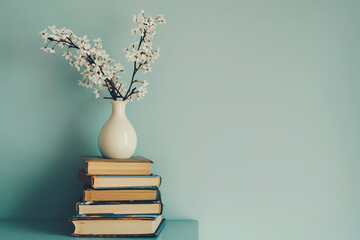 Minimalist living room design showing flower vase standing on stacked books in front of light blue wall, copy space for text