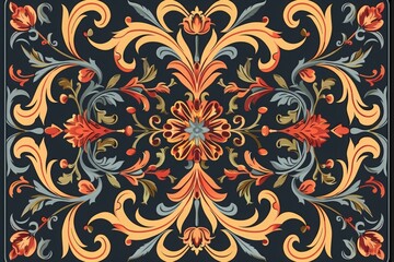 Ornate vintage floral pattern with swirling leaves and flowers, orange and gold on dark background. Artistic detailed decorative design.