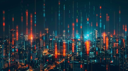 Futuristic Cityscape with Digital Data Overlay